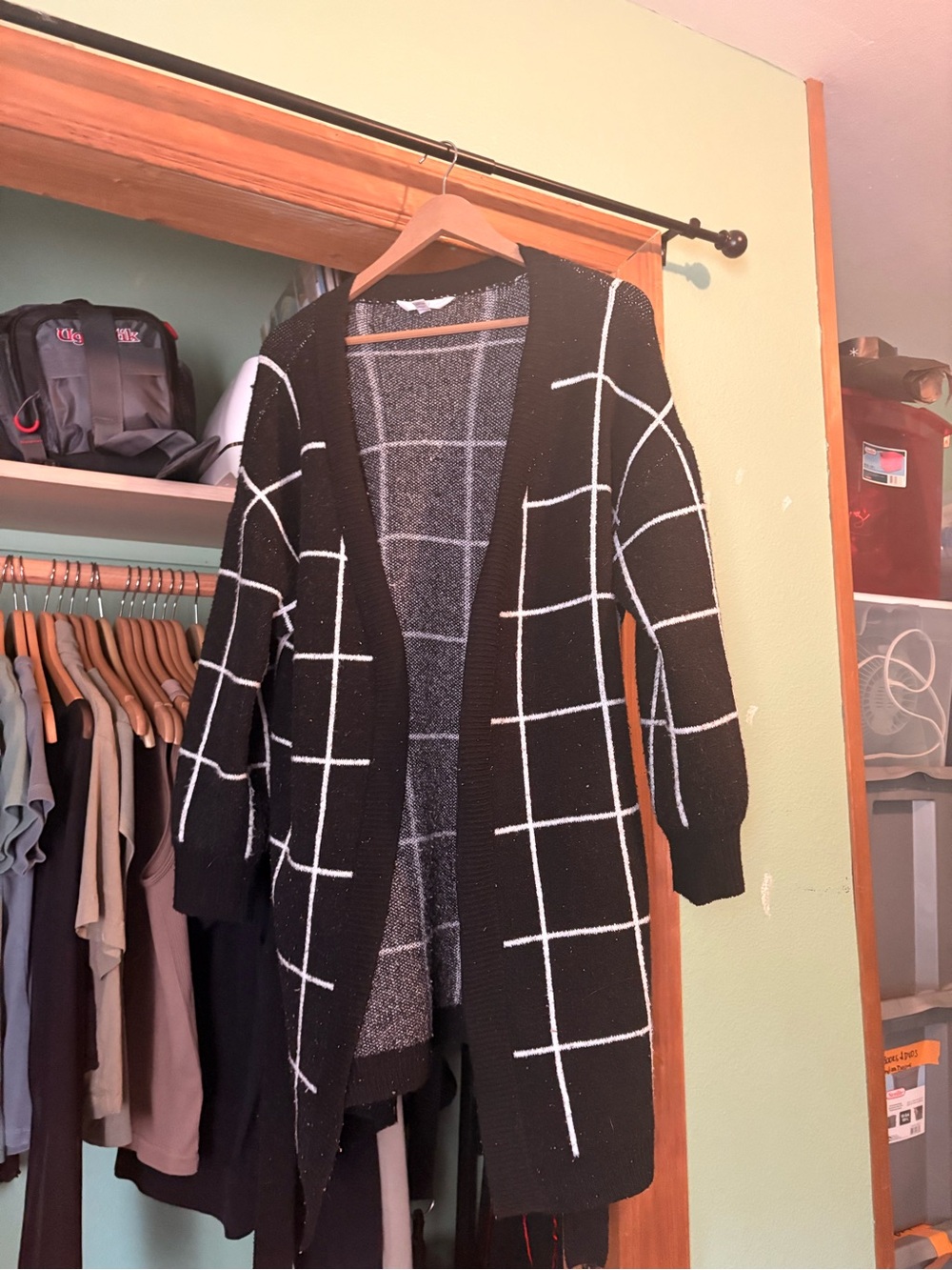 Time and Tru Black Cardigan with White Windowpane Grid